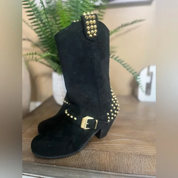 Betsey Johnson Yendell Black Suede Studded Western Boots Size 6 - Picture 4 of 16